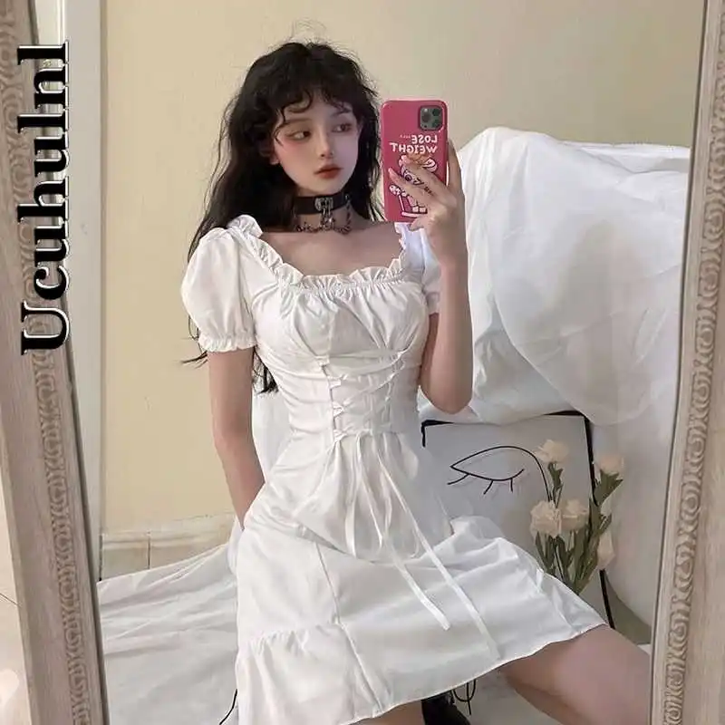 

Ucuhulnl Korean Harajuku Summer New Ghost Horse Dresses Vintage Square Collar Bandage Bow Puff Sleeve Sweety Ruffle Preppy