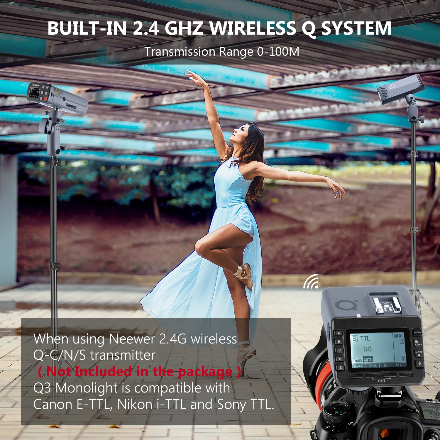 

Neewer Q3 200Ws 2.4G TTL Flash Strobe 1/8000 HSS Cordless Monolight with 3200mAh Lithium Battery to Cover 500 Full Power Shots