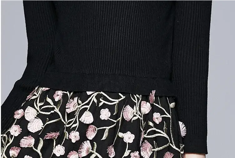 

Women Fashion Knitting Sweater Patchwork Mesh Holiday Dress New 2021 Ladies Embroidery Flowers Midi Party Dress
