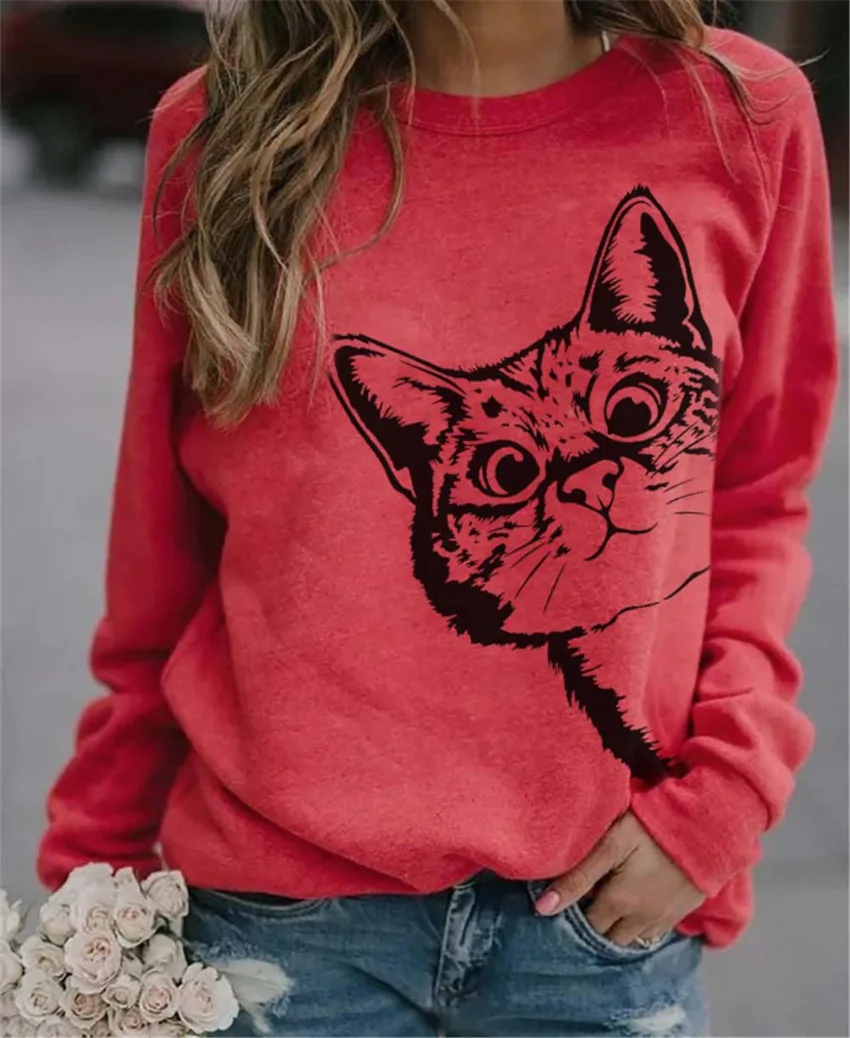 

Plus Size WomenT-Shirts Casual Spring Autumn Kawaii Cat Print Clothes Pullovers Femme T-Shirts Long Sleeve Ladies Vintage Tops