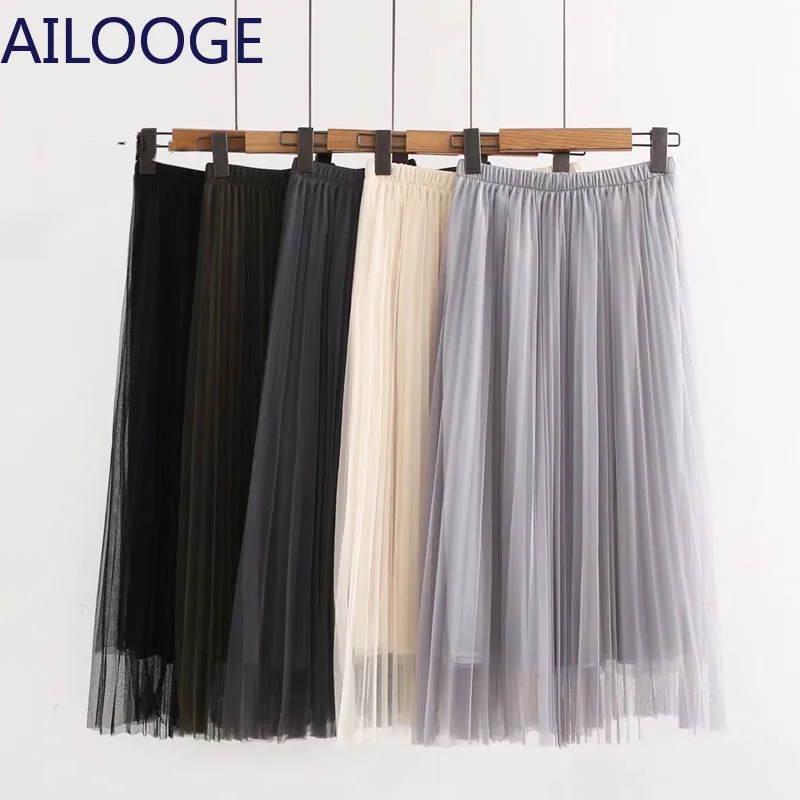 

Spring Elegant Long Skirts Saias Three Layers Sweet Mesh Lace Pleated Skirt Summer Women Elastic Waist Solid Black