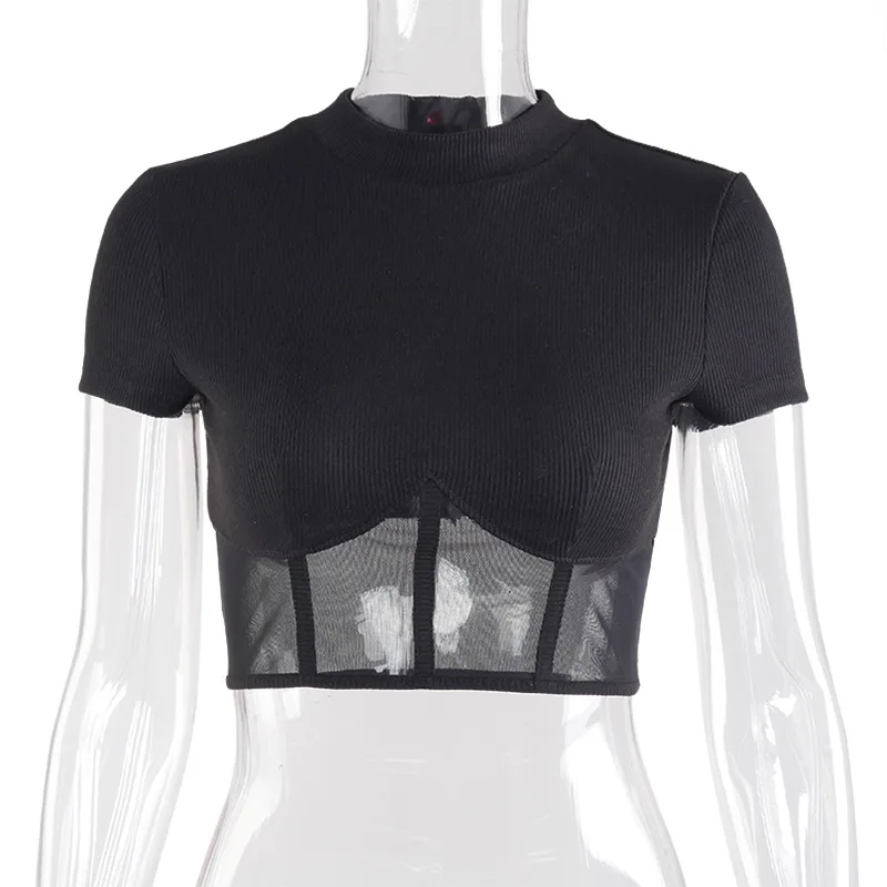 

Ladies Mesh T-Shirt Push Up Women Crop Tops Summer Short-Sleeved Casual Patchwork Black Slim Breathable Sportswear Sexy Femme