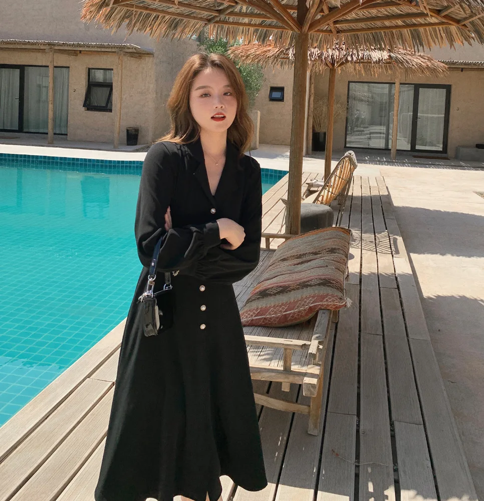 

JCHB 2021 Spring Autumn Woman Dress Vintage Black Dresses for Women Elegant Midi Dress Long Sleeve Vestido De Mujer Pph3490