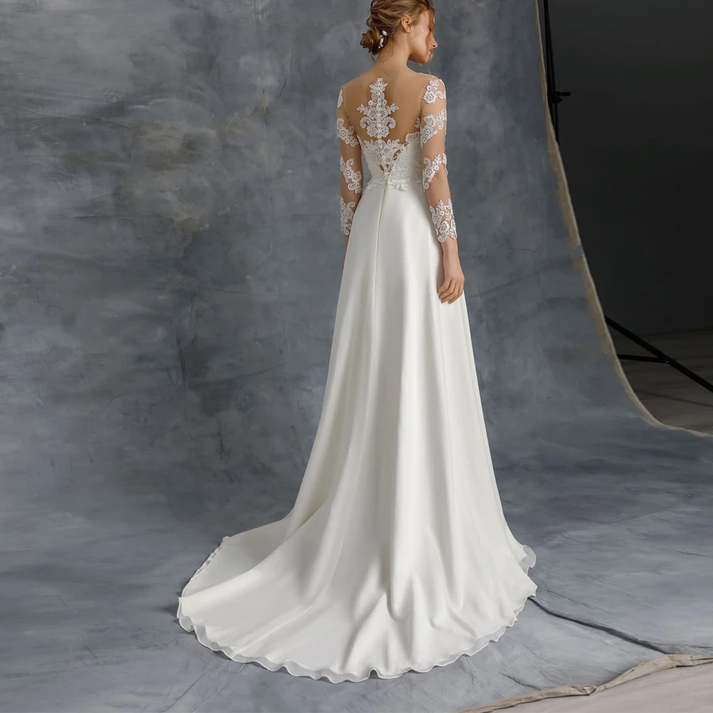 

Vestidos Elegant Wedding Dresses Chiffon Appliques Pearls Sashes V-Neck Three Quarter Covered Button A-Line Bridal Gowns