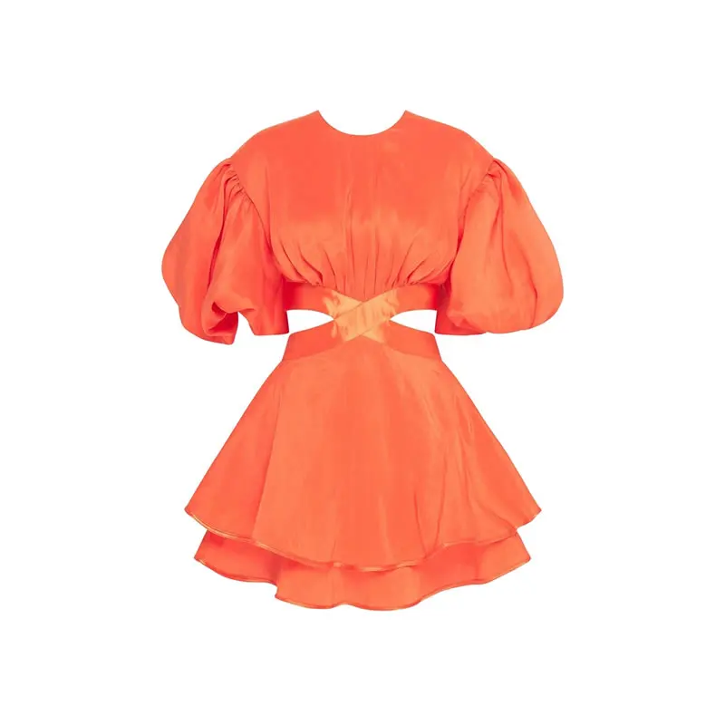 

XITAO Solid Color Bandage Splicing Dress Fashion Hollow Out Dew Waist Puff Sleeve Mini Dress Summer New Trendy All-match LDD1950