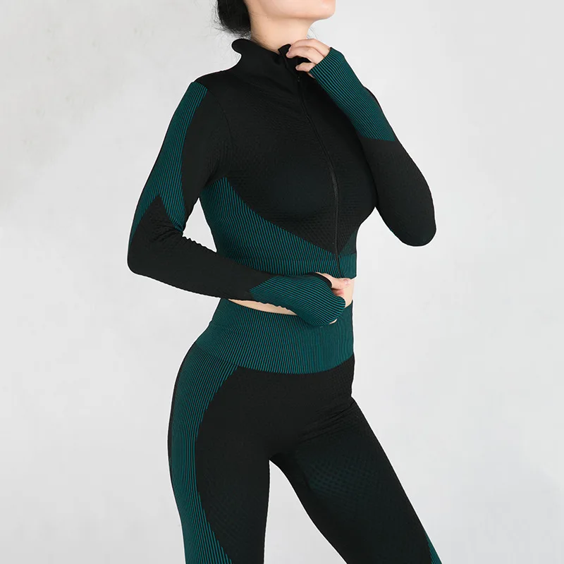 

Fitness Suits Yoga Women Outfits 2 Pieces Sets Long Sleeve Shirt+Seamless Leggings Gym Push Up Workout Running Clothing Gym Wear