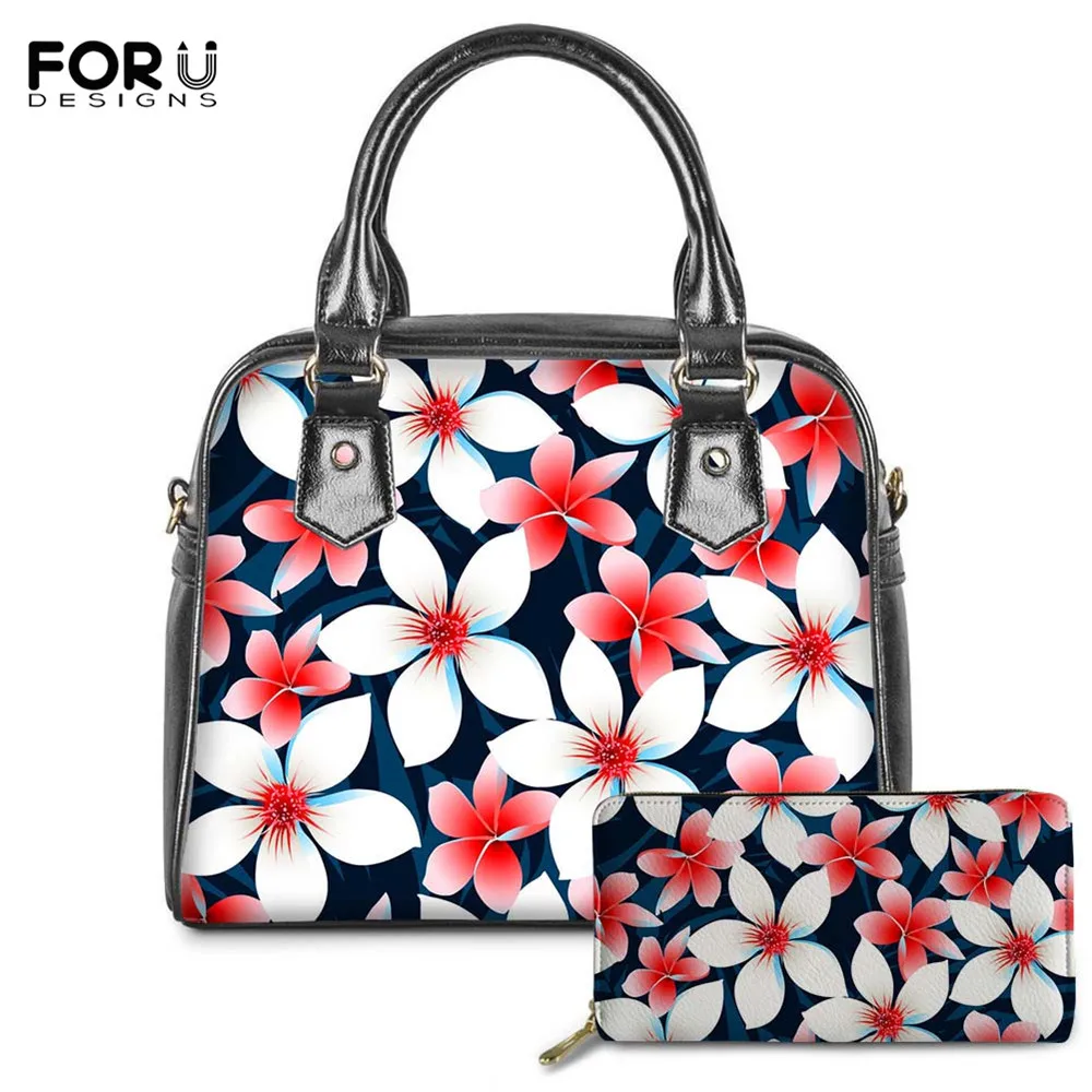 

FORUDESIGNS Women Trendy Hand Bag Hawaiian Hibiscus Pattern 2pcs High Quality PU Leather Girl Daily Zipper Tote Bolsa Coin Purse