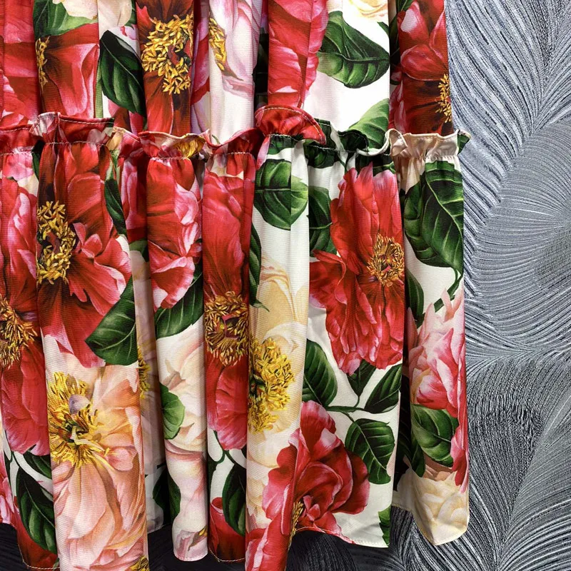 

High Quality Runway Fashion Spring Long Sleeve Flower Print Loose Waist Maxi Dress Women Elegant Holiday Party Robe Festa