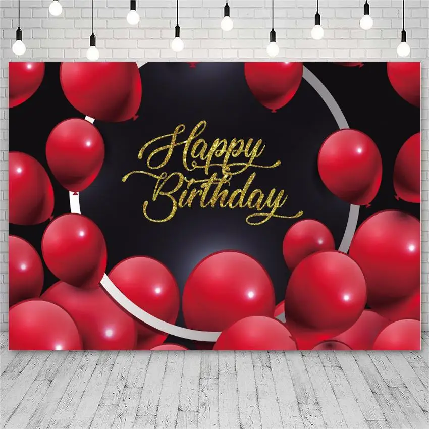 

Happy Birthday Red And Black Backdrop Circle Center Photo Background Studio Burgundy Balloons Birthday Party Wall Decoration