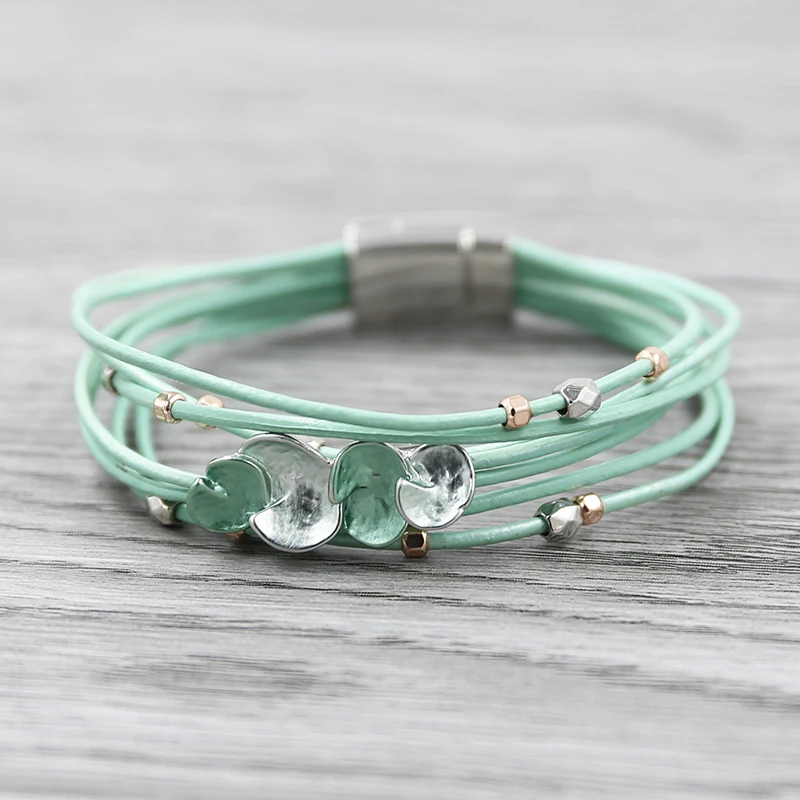 Женский кожаный браслет STRATHSPEY многослойный цвета хаки/зеленого с цветком и