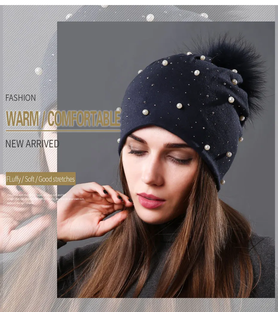 New Women's Pearls Beanies Winter Causal Solid Rhinestone Pearl Slouchy Beanies Hat with Raccoon Fur Pompom Femme Black Cap
