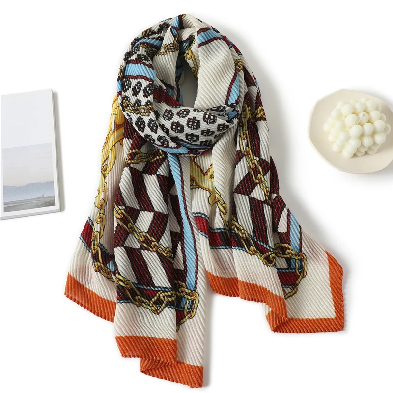 

Designer Cotton Warm Crinkle Pashmina Bandana Shawl Scarf Women Print Chain Splice Muslim Headband Hijab Travel Stoles Echarpe