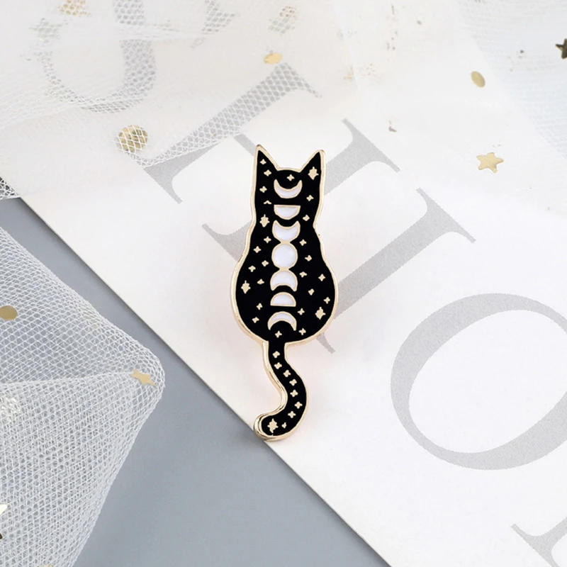 Черная ведьма кошки эмалированная булавка пользовательский фаза Луны