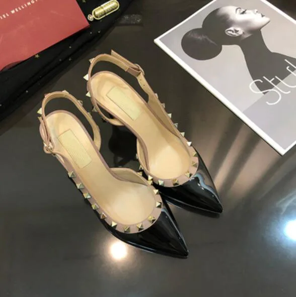 Women Dress Shoes rock Patent High Heels stud Pumps Rivets Real Leather Pointed Toe Wedding Shoes Gift Party Shoes