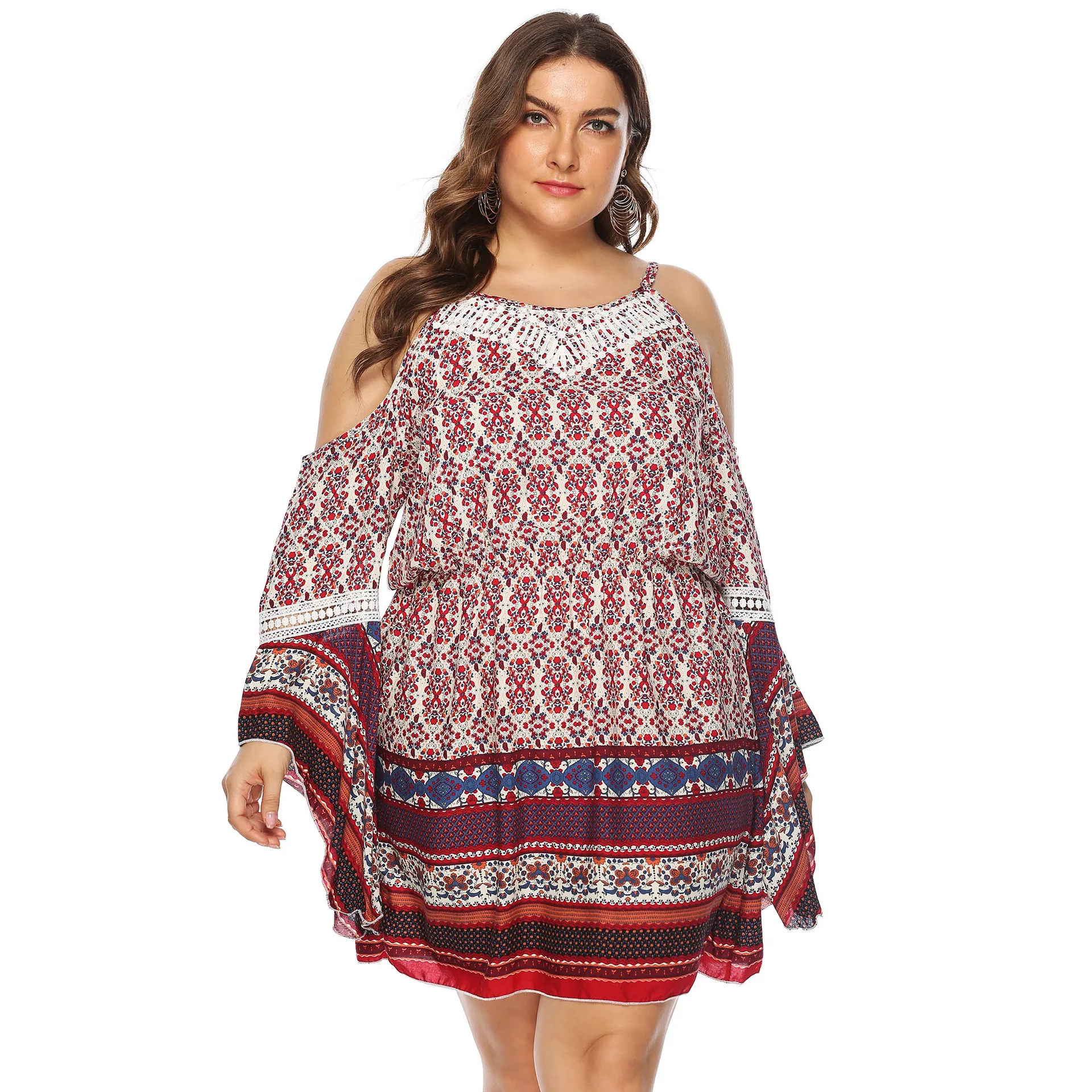 

Dress For Women Large Size Women's Clothing Flower Cotton Off The Shoulder Flared Sleeves Sexy Fashion Plus Size Female Dress