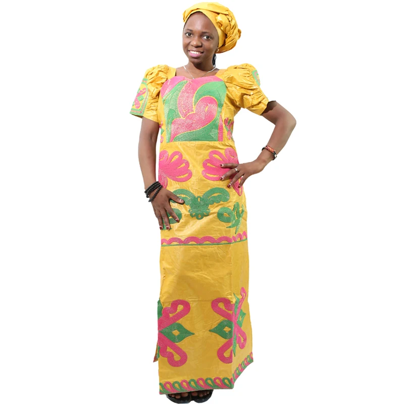 Цвет: желтый MD bazin dashiki women dress african style long dress with headwrap gold embroidery kanga dresses south africa lady clothes - Цвет: Цвет: желтый