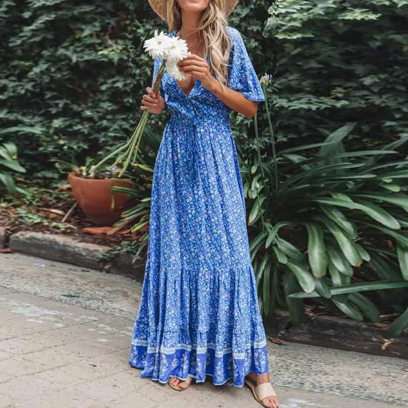 Богемный Вдохновленный макси платья голубого цвета с цветочным принтом