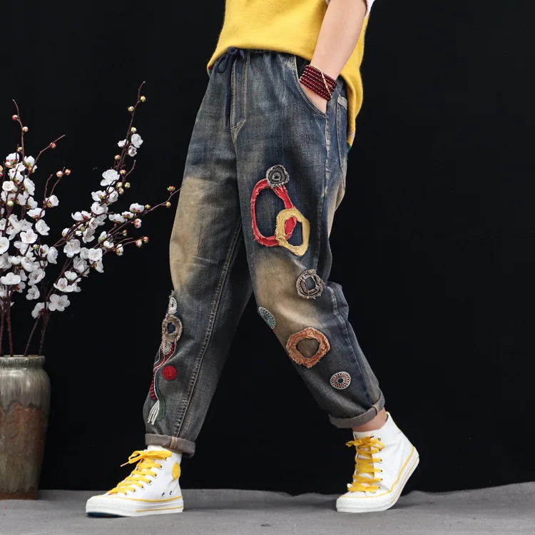Оригинальные 2020 осенние новые ретро штаны-шаровары с вышивкой свободные женские