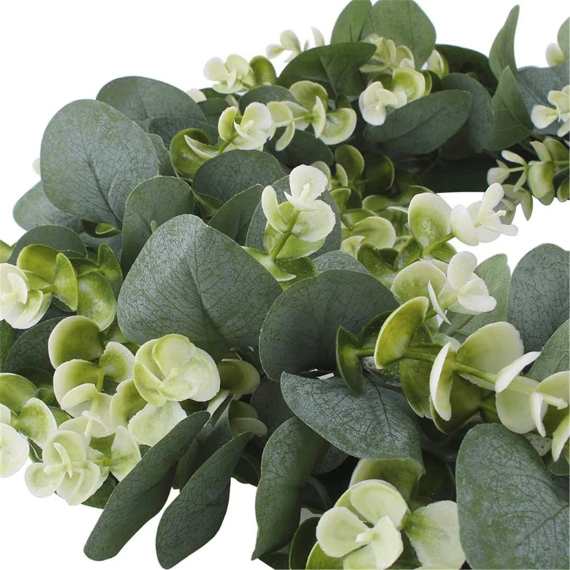 

R9UF Round Artificial Green Eucalyptus Door Wreaths with White Flower Simulation Wild Leaves Garland Wreath Versatile Front Door
