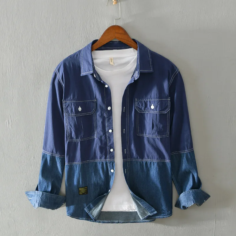 Мужская джинсовая рубашка в стиле пэчворк Облегающая армейского зеленого цвета