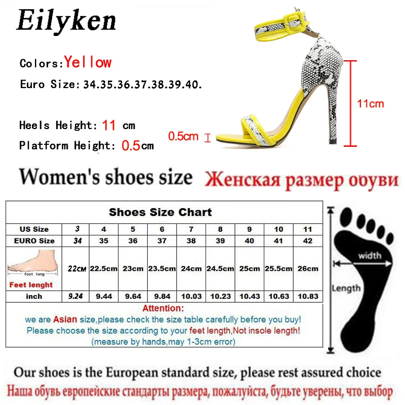 Eilyken на высоком каблуке Пряжка на щиколотке с ремешком женские Босоножки с открытым носком Модные желтые вечерние со вставками из кожи, имитирующей фактуру змеиной кожи женские босоножки Обувь Размеры 41 42