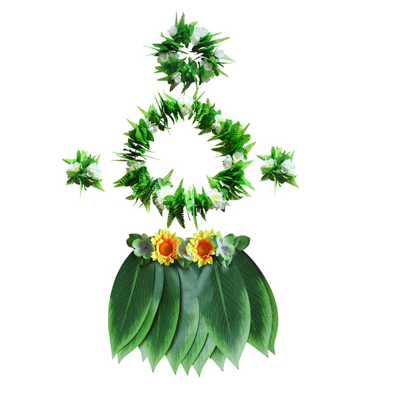 Carnival Party Leaf Hula Skirt Tropical Hawaii Grass With Flower Leis Garland | Тематическая одежда и униформа