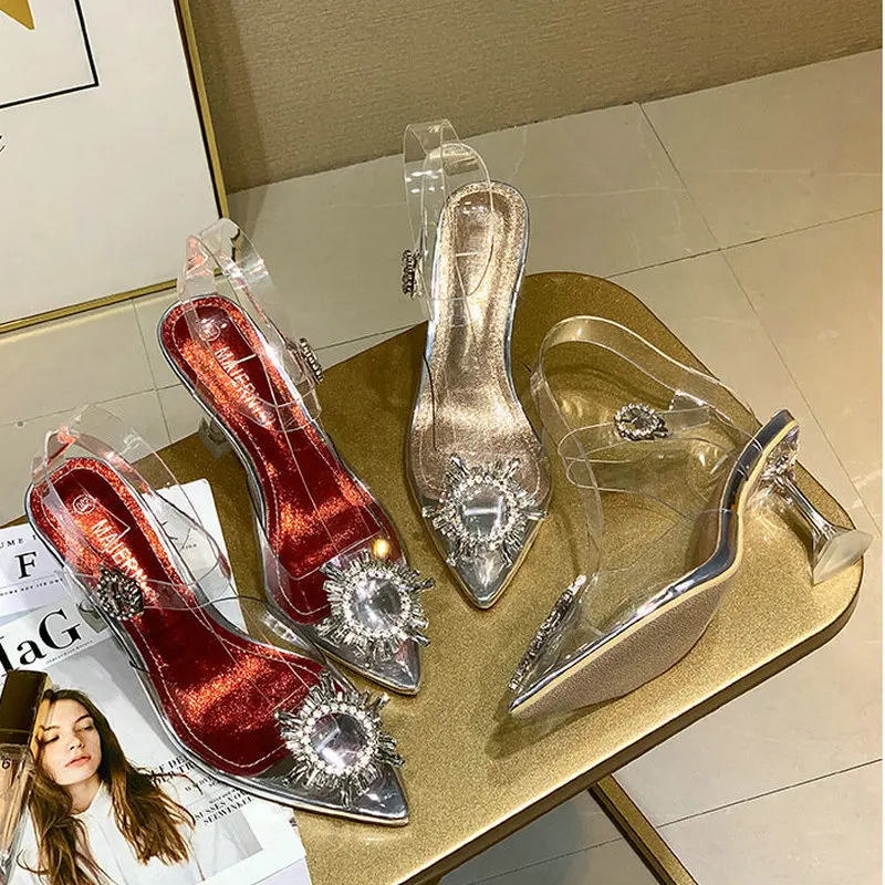 Женские босоножки с кристаллами летние прозрачные туфли на высоком каблуке