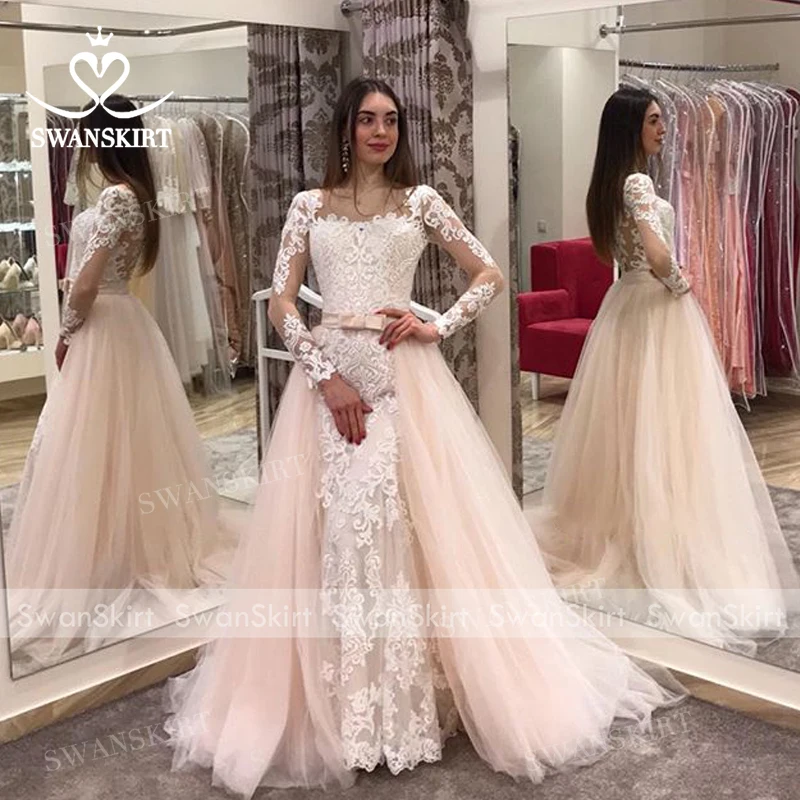 Свадебное платье 2 в 1 со съемным шлейфом 2021 свадебное с длинными рукавами и