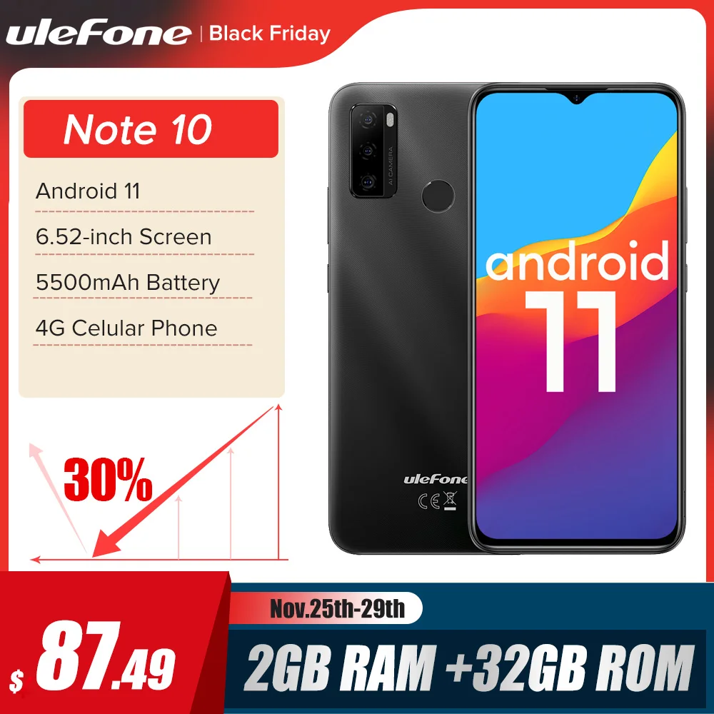 

Ulefone Note 10(2021 новый) Android 11 смартфон 6,52 "2 ГБ + 32 ГБ, Octa Core, 4G, мобильный телефон 5500 мАч с функцией отпечатка пальца ID/Уход за кожей лица Разблокируй...