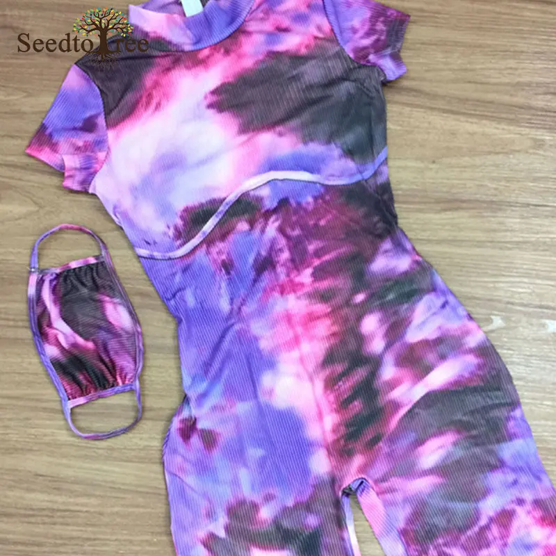 Tie Dye Print Short Sleeve Summer Rompers Women Playsuits with Masks High Neck Casual Skinny One Piece Overalls Jumpsuits | Женская