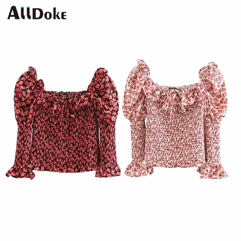 

ALLDOKE vintage floral print blouse women summer square collar puff sleeve crop tops shirt lace up ruffles blouses blusas mujer