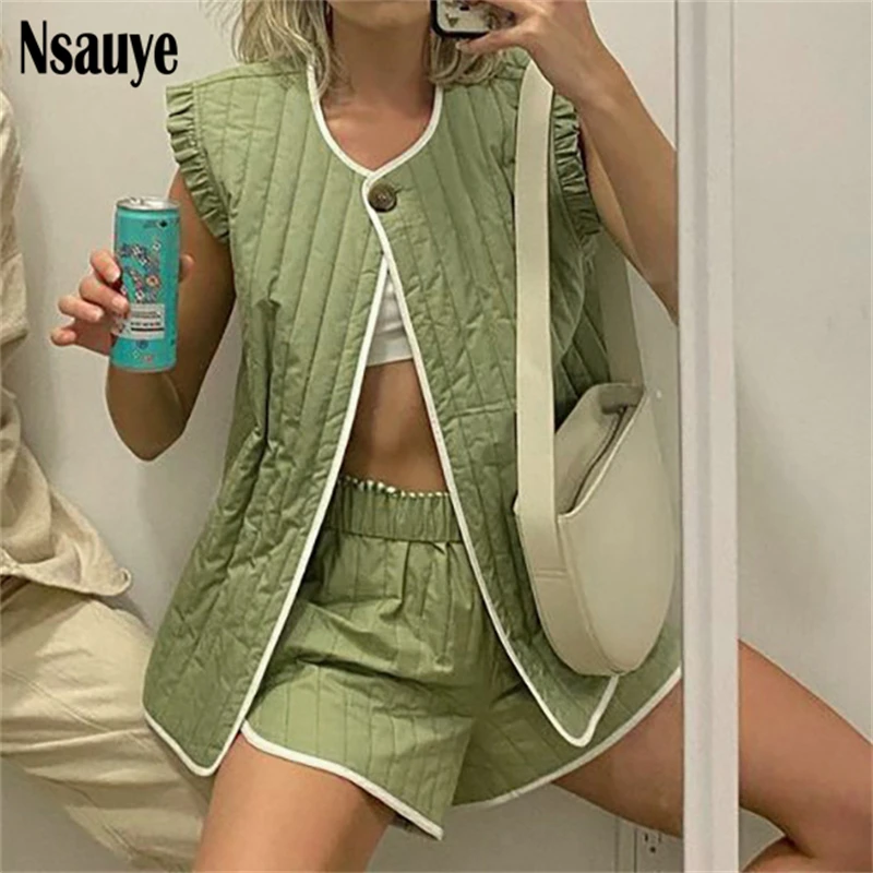 

Спортивный костюм Nsauye для женщин, повседневные теплые шорты, куртка без рукавов, жилет, пальто и высокая талия, комплект из двух предметов, м...