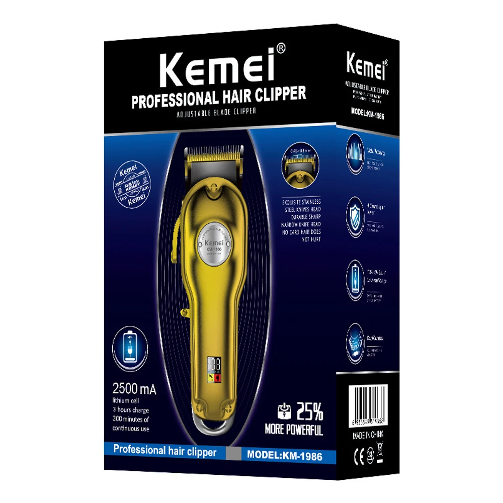 

Kemei 1986 All-metal Barber Professional Hair Clipper Electric Cordless LCD Hair Trimmer Gold Silver Hair Cutting Machine Mower