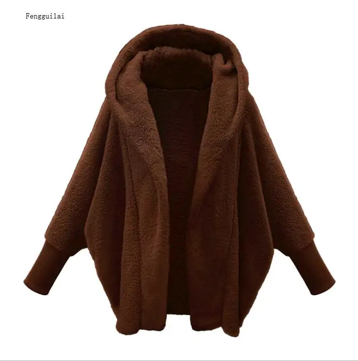 brown Новое осенне-зимнее женское пальто Vestido размера плюс, модное повседневное свободное однотонное плюшевое пальто с длинным рукавом и капюшоном для женщин, большая верхняя одежда - Цвет: brown