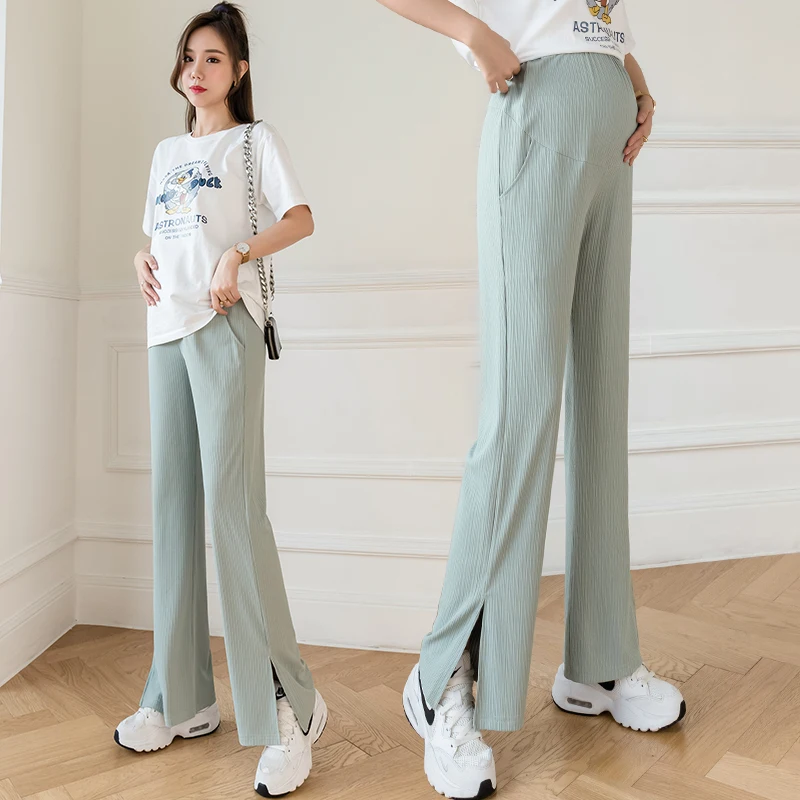 

503# Summer Cool Ice Feel Straight Maternity Full Long Pants Casual Wide Leg Side Splits Loose Belly Pants for Pregnancy Women