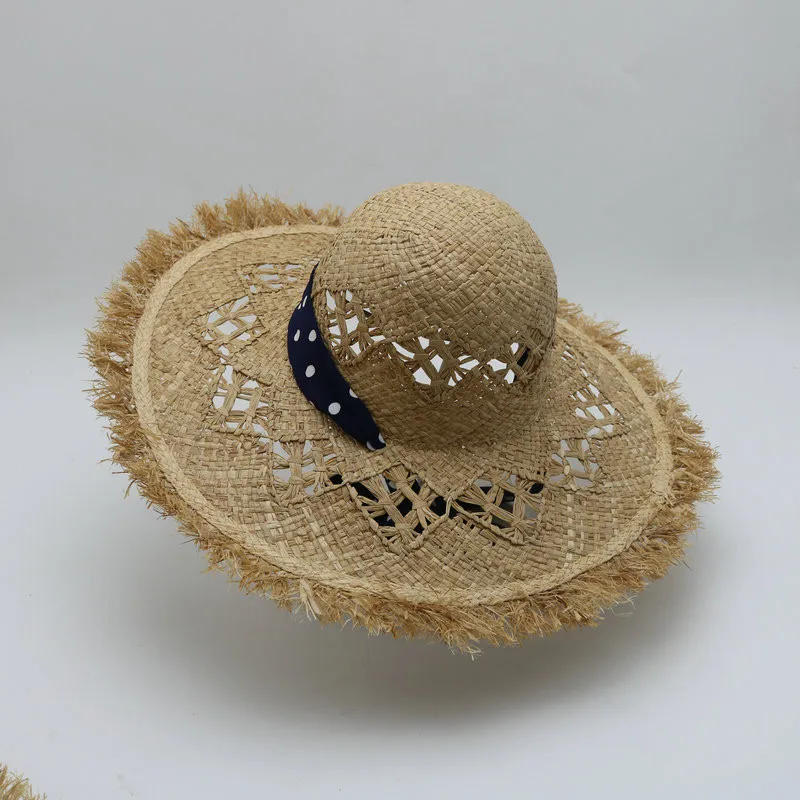 

202105-2508361 summer handmade raffia grass wind brim beach lady sun cap women leisure holiday hat