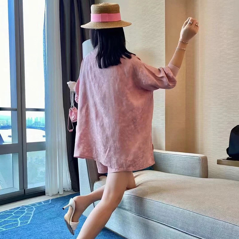 

TWOTWINSTYLE Vintage Two Piece Set For Women O Neck Long Sleeve Straight Tops Elastic High Waist Solid Shorts Loose Sets Females