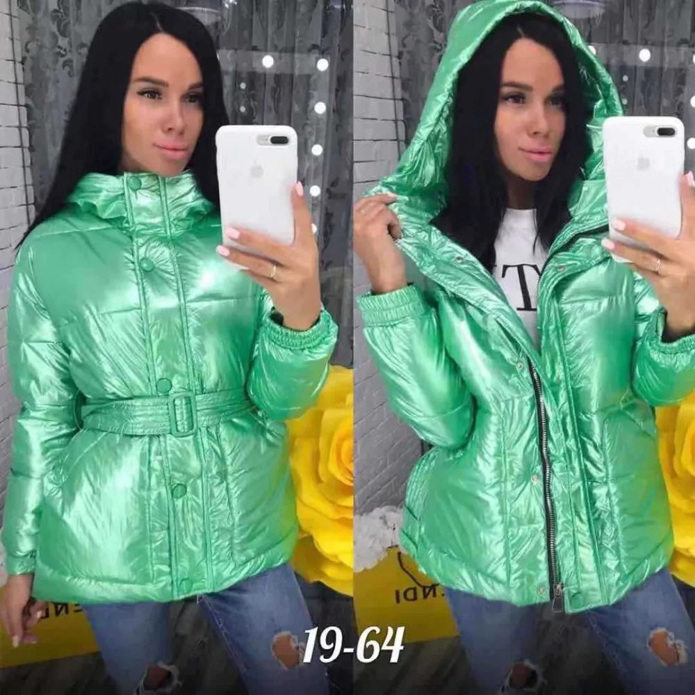 Блестящая Серебристая зимняя куртка для женщин, зимнее пальто с поясом, хлопковая стеганая Женская куртка-бомбер с капюшоном, Abrigos Mujer Invierno