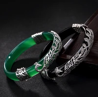 hand carved 925 sterling silver peacock green chalcedony retro high grade for women bangle inlaid thai silver opening bracelet
