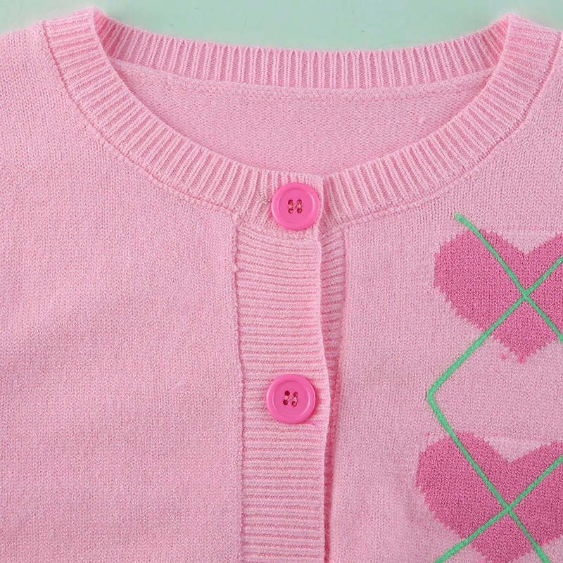 

2021 Autumn Cute Pink Knitted Cropped Cardigan Korean Fashion Kawaii Sweaters Women Long Sleeve Crop Tops Y2K Streetwear