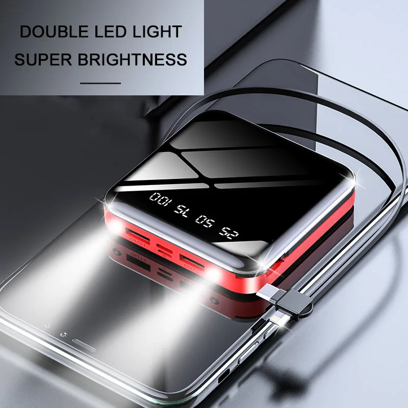 CASEIER Power Bank 10000 мАч для iPhone портативное зарядное устройство с кабелем LED зеркало