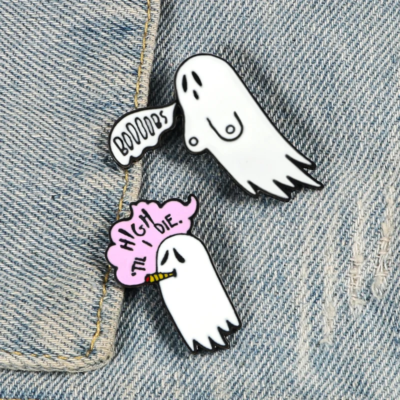 

Halloween White Ghost Pins Cute Smoking Boo Ghost Enamel Lapel Badges Brooch Fashion Metal Jewelry Brooches Man Woman Gift