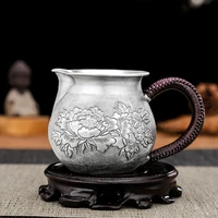 pure silver 999 fair cup hand engraved peony flower chinese retro kung fu tea set tea dispenser