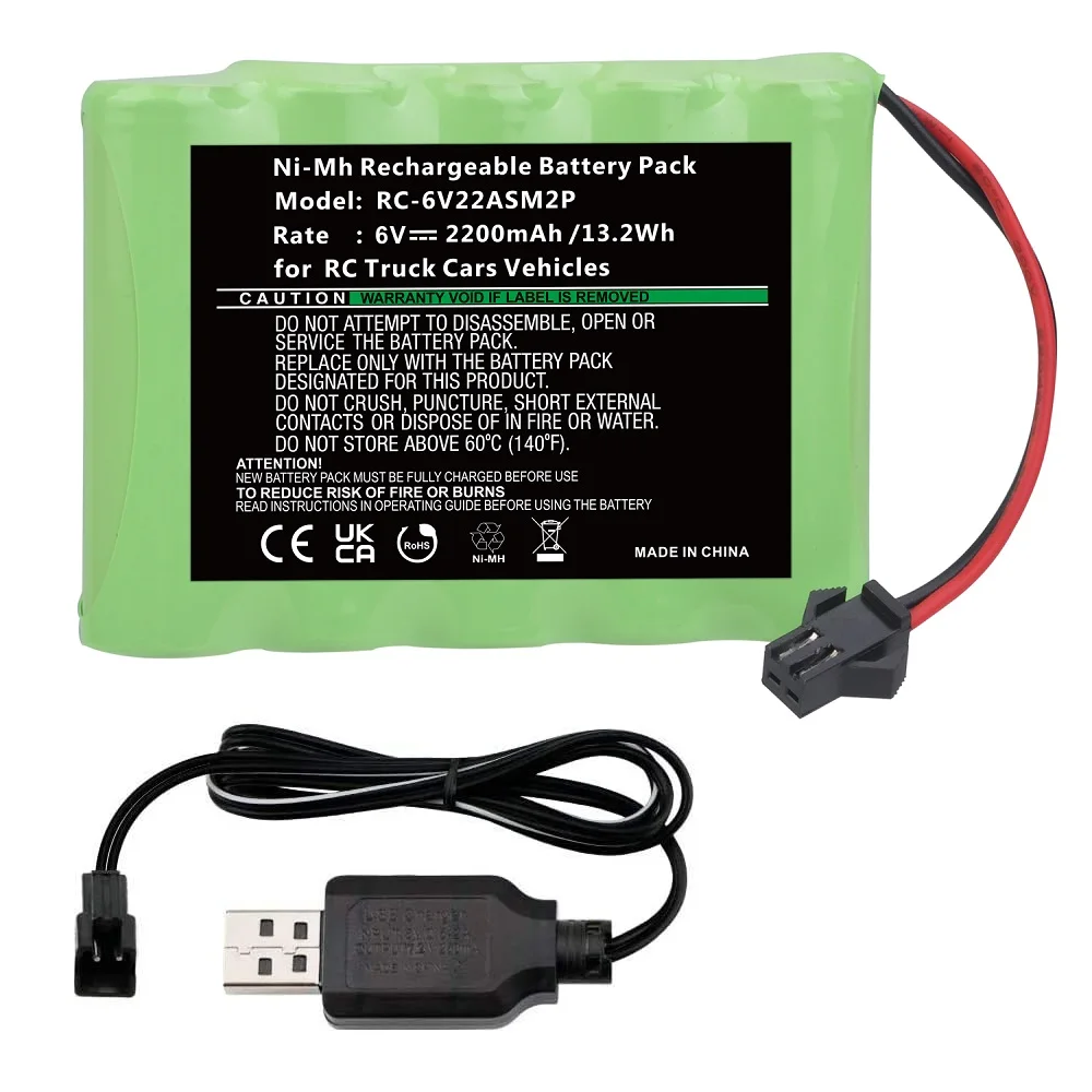 6V 2200mAh Ni-MH Rechargeable Battery Pack for RC Truck Cars Vehicles ,with SM-2P 2Pin Plug and USB Charger Cable