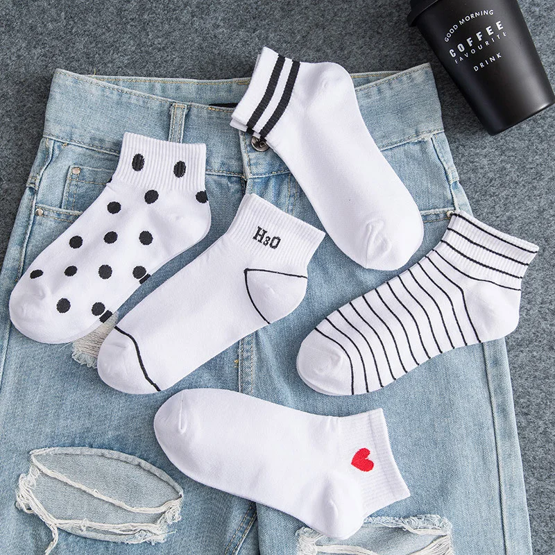 Носки женские полосатые хлопковые в горошек Повседневные Дышащие белые короткие