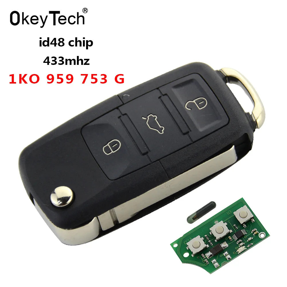 

OkeyTech 3 BTN 433 МГц ID48 чип дистанционное управление Автомобильный ключ для VW VOLKSWAGEN CADDY EOS GOLF JETTA SIROCCO TIGUAN 1K0 959 753 G Чехол