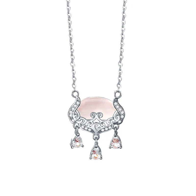 

Opal Ping An Ruyi Lock Necklace Sterling Silver Retro Art National Style Long Life Lock Pendant Rose Gold Clavicle Chain