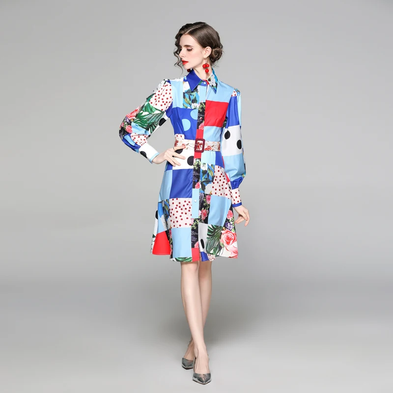 

2021 New Summer Fashion Runway Designer Elegant Holiday Dress Women Long Sleeve Polka Dot Floral Print Vintage Party Midi Dress