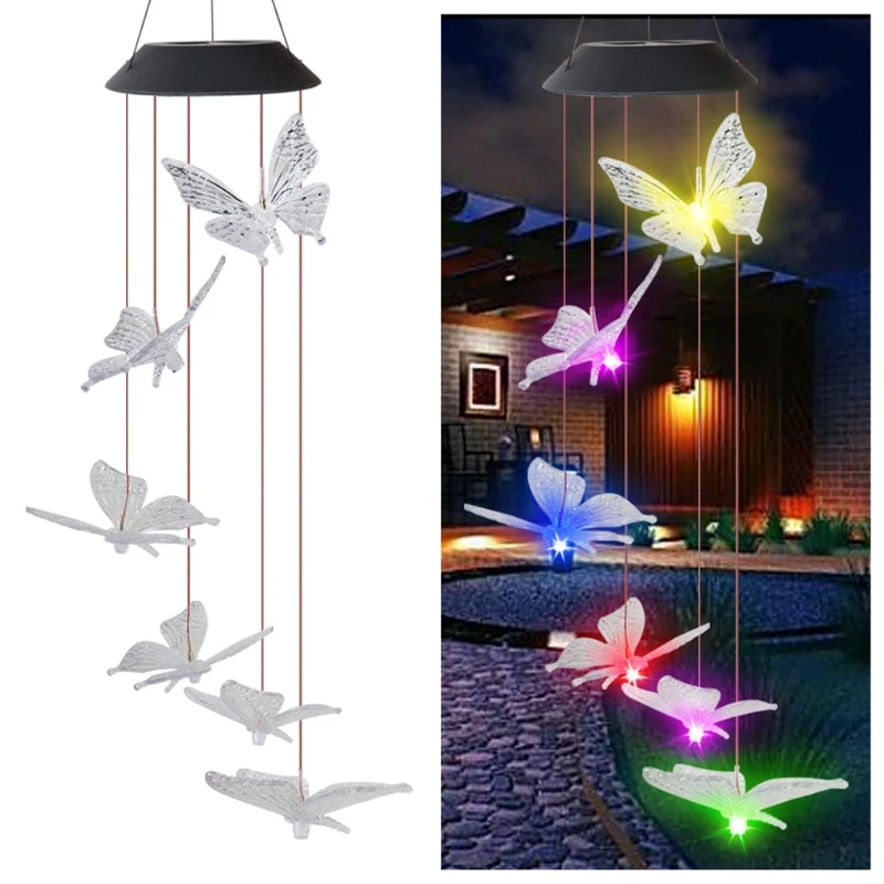 

Butterfly Wind Chimes Color Solar Powered LED Automatic Color Changing Mobile Outdoor Hanging Patio Light for Home Porch