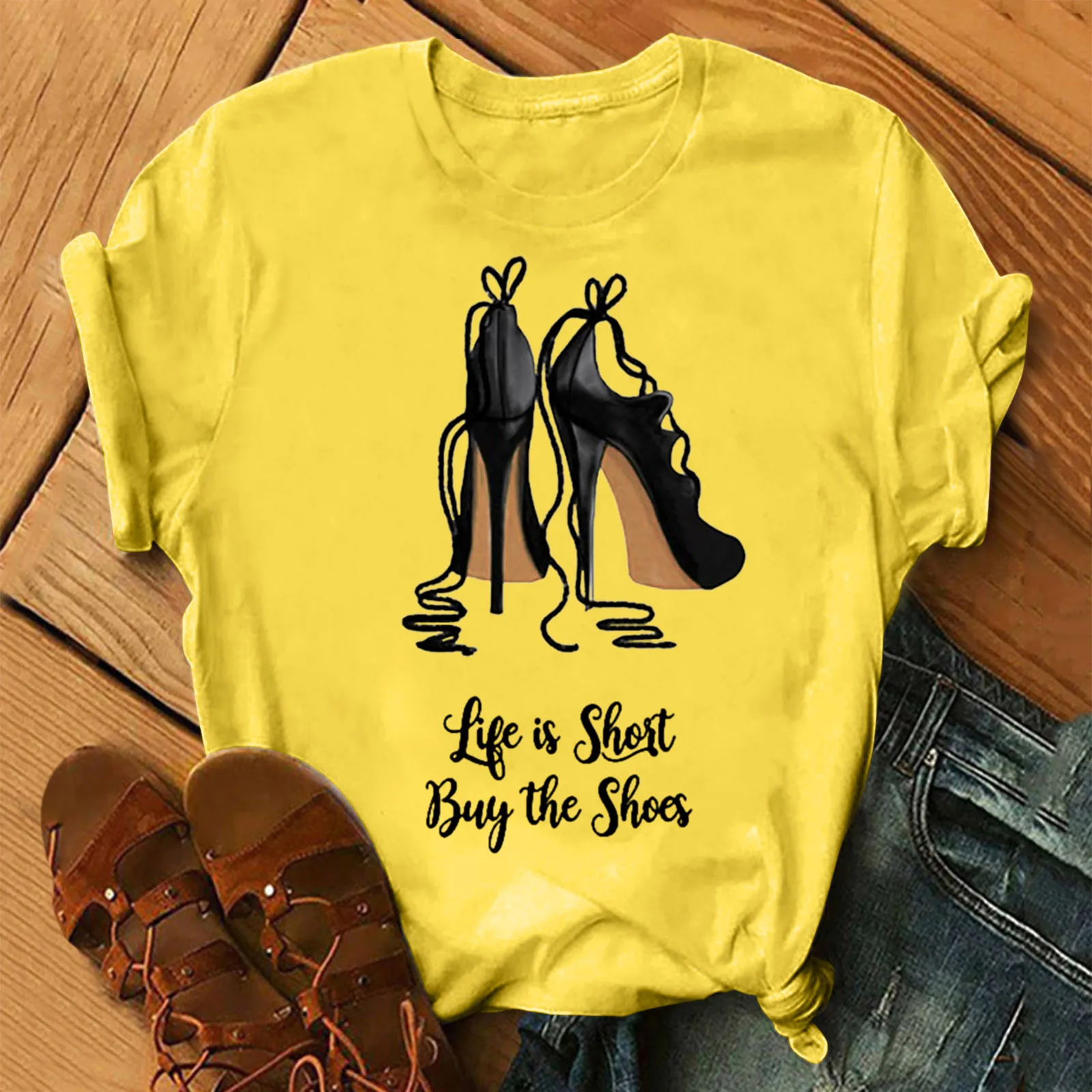 

Tee Tops Women's Black High Heels Printed Summer Short Sleeve T-Shirt Casual 'life is short Buy the Shoes' Letter T Shirts 2021